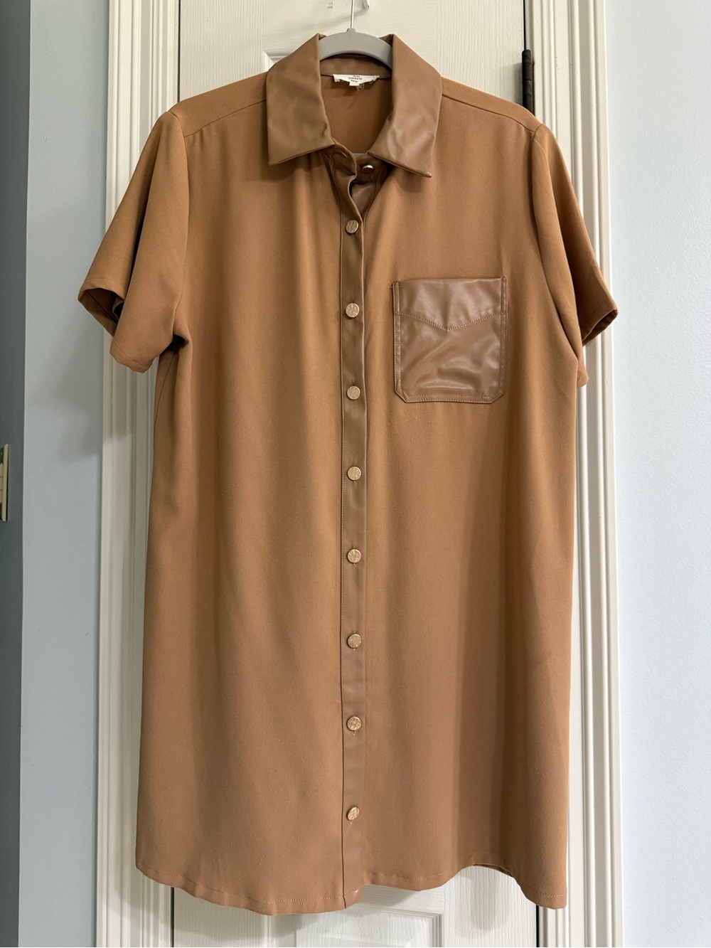 entro Tan Short-Sleeve Mini Shirt Dress with Faux-Leather Pocket
